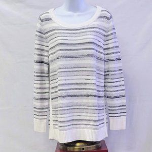 T by TALBOTS Striped Sweater Gray/White Relaxed Crew Neck Cotton/Poly Sz L - EUC